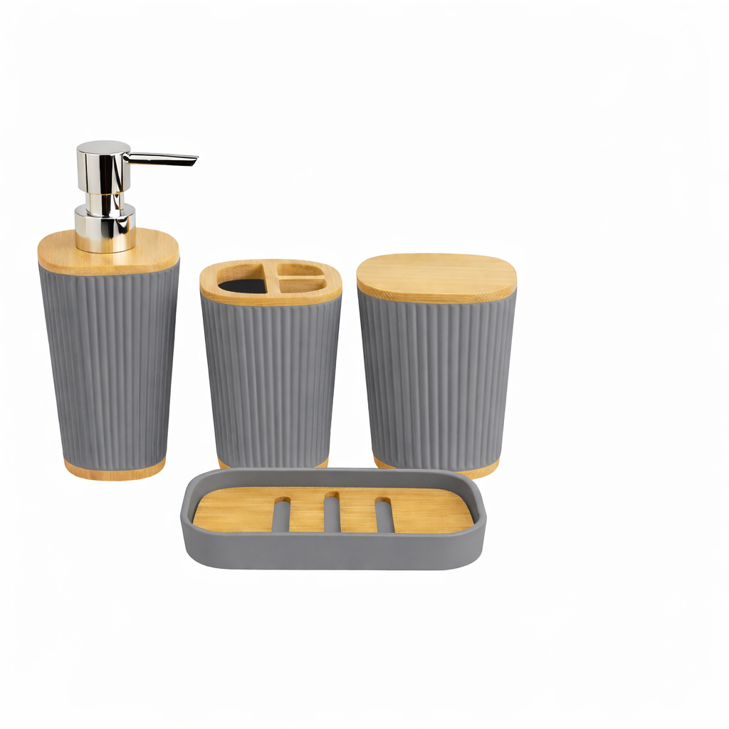 Conjunto de Acessórios para Banheiro 4 peças Cinza com Bambu