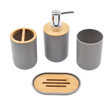 Conjunto de Acessórios para Banheiro 4 peças Cinza com Bambu