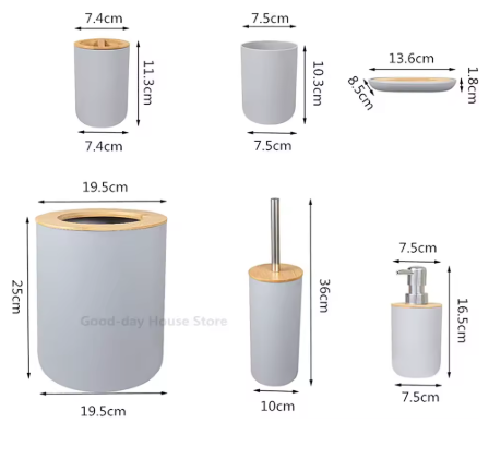 Conjunto de Acessórios para Banheiro 4 peças Cinza com Bambu