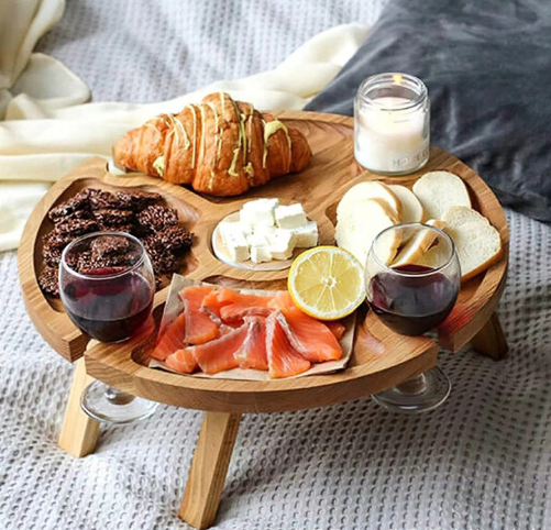 Mesa dobrável para exterior de madeira com suporte de vidro