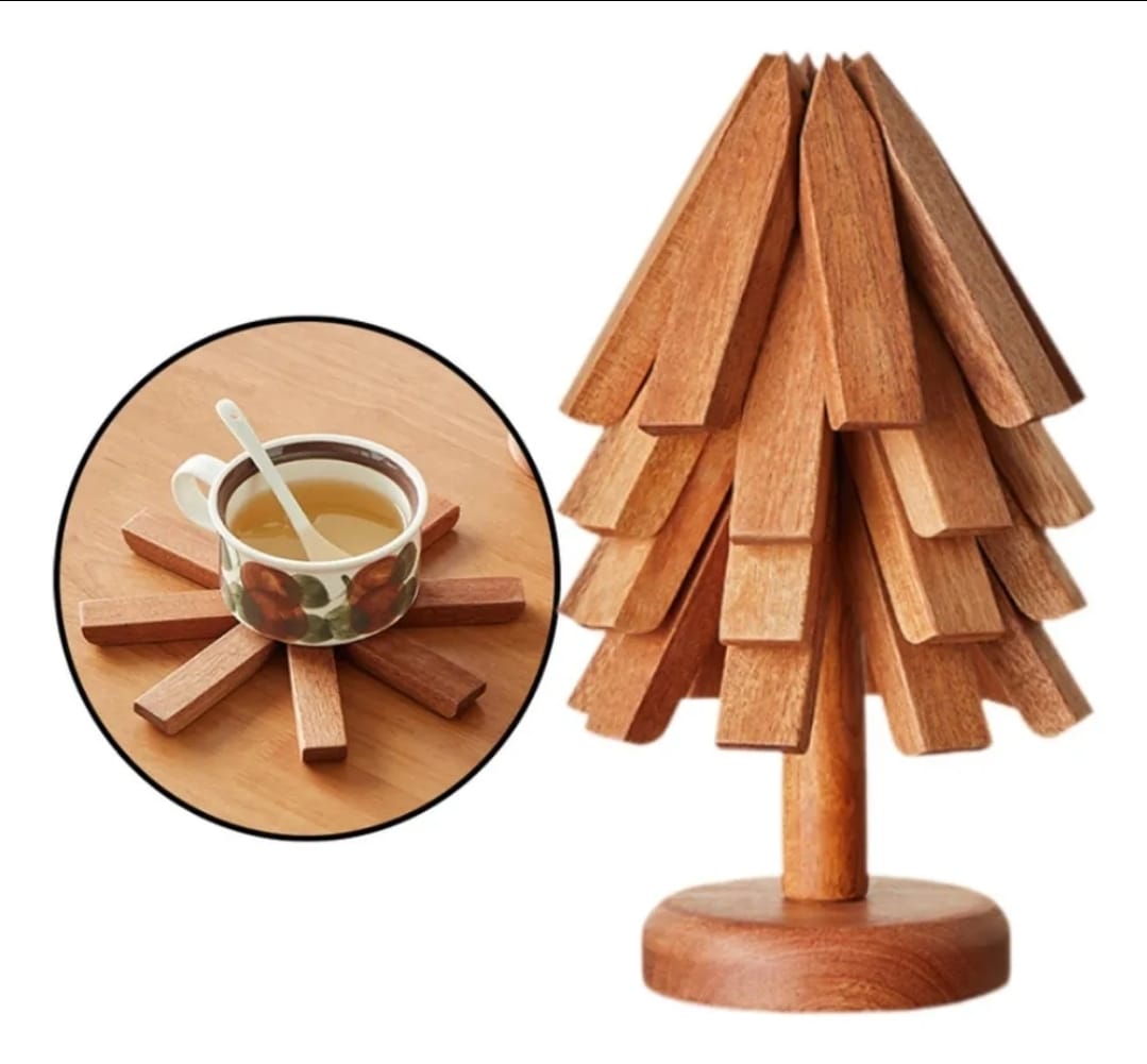 Descanso para Panelas e Copos de Madeira Maciça Nogueira Preta com Tapete Isolante